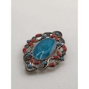 Vintage Southwest Style Enamel pendant Blue Red Turquoise Coral Colors Oval
